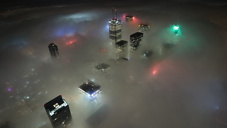 високи сгради, град, светлини, силует, мъгла, нощ, въздушен изглед, Торонто, градски светлини, птичи поглед, Канада, градски пейзаж, HD тапет