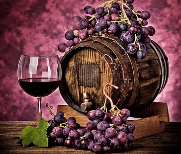 distributeur de boissons en baril brun, rouge, baies, vin, verre, boisson, tonneau, vigne, vinification, raisins, Fond d'écran HD HD wallpaper