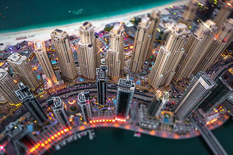 skyscapper buildings, tilt shift, cityscape, Dubai, United Arab Emirates, skyscraper, lights, HD wallpaper HD wallpaper