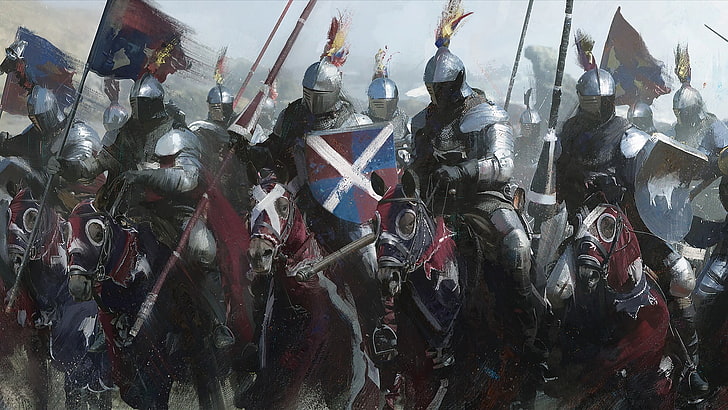 kavaleri pada lukisan kuda, ksatria, Kavaleri, tombak, baju besi, spanduk, perisai, warna-warni, abad pertengahan, Wallpaper HD