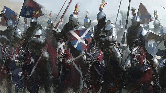 kavaleri pada lukisan kuda, ksatria, Kavaleri, tombak, baju besi, spanduk, perisai, warna-warni, abad pertengahan, Wallpaper HD HD wallpaper