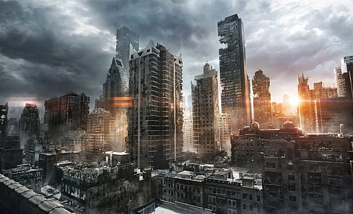 papel de parede de edifício de arranha-céus da cidade de concreto cinza e preto, Sci Fi, Pós Apocalíptico, HD papel de parede HD wallpaper