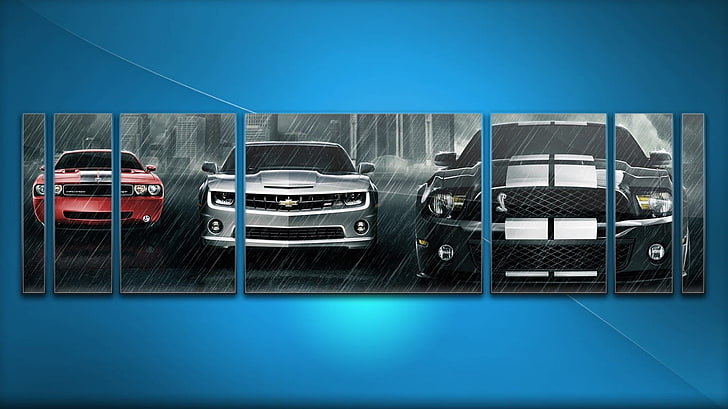 tre auto rosse, grigie e nere foto a 7 pannelli, blu, auto, Dodge, Chevrolet, Ford Mustang, Sfondo HD