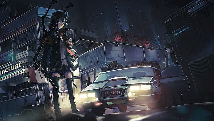 woman wearing school uniform anime character wallpaper, original characters, police cars, anime, anime girls, HD wallpaper