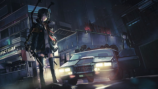 papel de parede de personagem de anime de uniforme escolar de mulher, personagens originais, carros de polícia, anime, meninas anime, HD papel de parede HD wallpaper