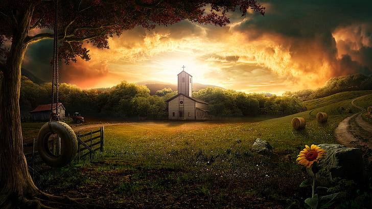 Church Sunset Grass Flower Tree Tire Swing HD, church surrounded by trees painting, nature, flower, sunset, tree, grass, church, swing, tire, HD wallpaper
