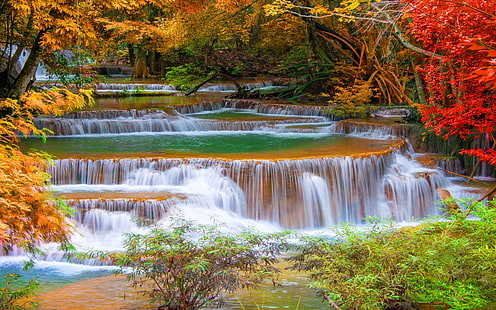 Thailand-Kanchanaburi-cascade waterfall in autumn-trees with autumn red and yellow leaves-Desktop HD Wallpapers for mobile phones and computer-3840×2400, HD wallpaper HD wallpaper