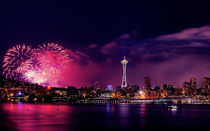 Panoramma City Fireworks, white lighted tower, Cityscapes, , cityscape, panorama, city, fireworks, HD wallpaper