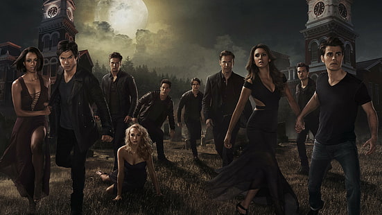 män och kvinnor bär svarta kläder, The Vampire Diaries, Nina Dobrev, Ian Somerhalder, Paul Wesley, affisch, TV-serie, 8k, HD tapet HD wallpaper
