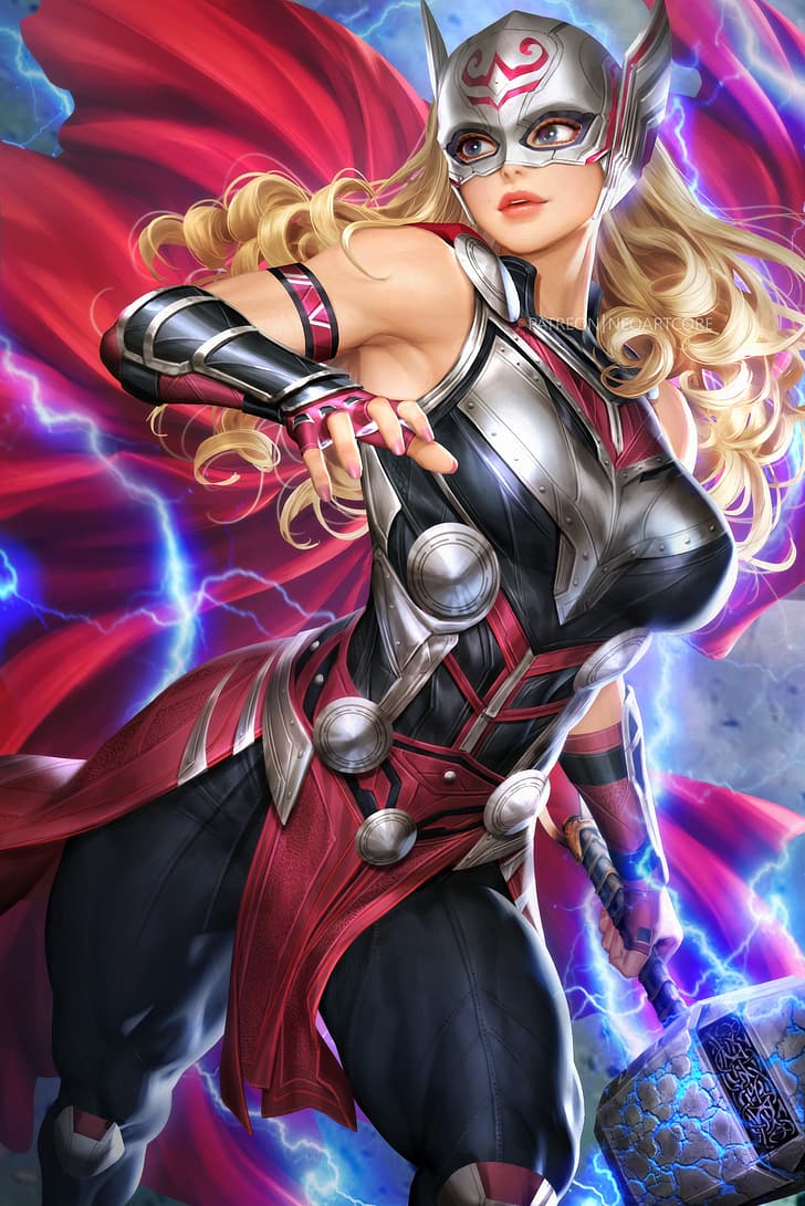Jane Foster, Thor (Marvel Comics), Marvel Comics, superheroines, armor, Mjolnir, thunderbolt, 2D, artwork, drawing, fan art, NeoArtCorE (artist), Mighty Thor, HD wallpaper