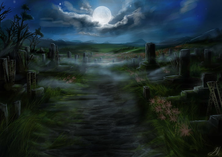 Фантазия, тъмно, гробище, гробище, луна, нощ, надгробен камък, HD тапет
