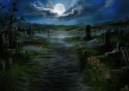 Fantasía, Oscuro, Cementerio, Cementerio, Luna, Noche, Lápida, Fondo de pantalla HD HD wallpaper