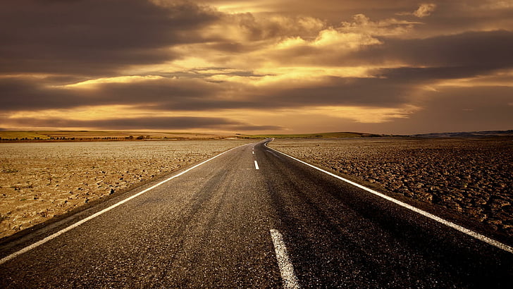 carretera, autopista, nubes, cielo, asfalto, llanura, horizonte, distancia, cosas, interminable, puesta de sol, Fondo de pantalla HD