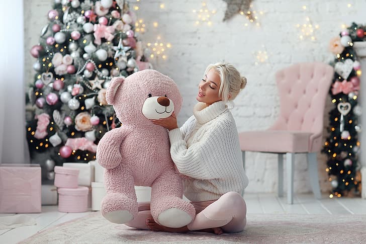 niña, estado de ánimo, oso, año nuevo, árbol, suéter, oso de peluche, Dmitry Arhar, Katerina Shiryaeva, Fondo de pantalla HD