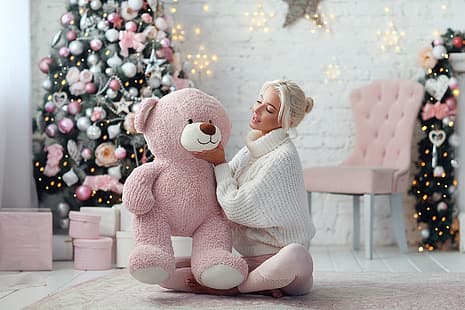 ragazza, umore, orso, anno nuovo, albero, maglione, orsacchiotto, Dmitry Arhar, Katerina Shiryaeva, Sfondo HD HD wallpaper
