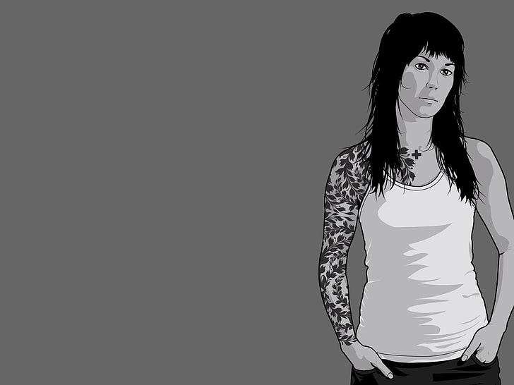 woman in white tank top illustration, white, vector, tattoo, Black, HD wallpaper
