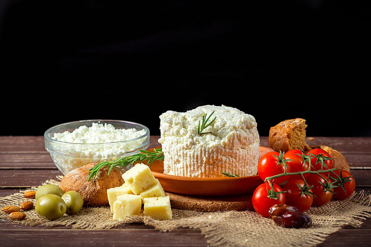 table, cheese, plate, bread, black background, tomatoes, olives, almonds, bokeh, dates, HD wallpaper