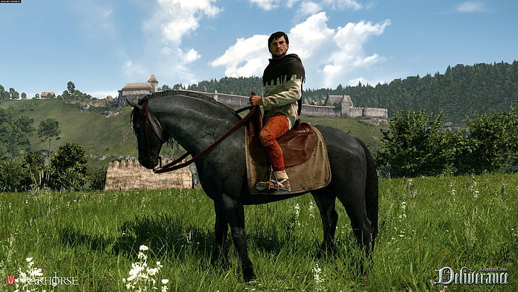 мъж, езда на черен кон, видео игри, Kingdom Come: Deliverance, Warhorse Studios, HD тапет