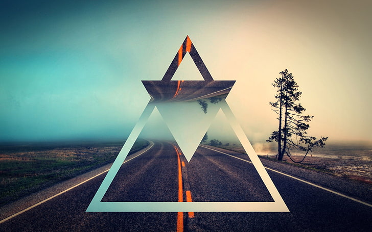 иллюстрация двух серых треугольников, минимализм, геометрия, дорога, polyscape, треугольник, HD обои