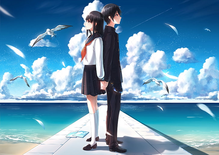 mann und frau anime charakter illustration, der himmel, mädchen, wolken, das meer, möwen, anime, kunst, formular, kerl, studenten, phantania, HD-Hintergrundbild