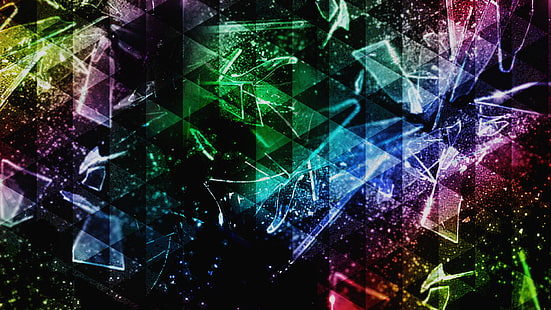 многоцветен дигитален тапет, абстрактно, цветно, триъгълник, разбито, счупено стъкло, HD тапет HD wallpaper