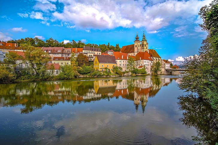 water, landscape, reflection, river, building, Austria, Steyr, Upper Austria, River Enns, the Enns river, HD wallpaper
