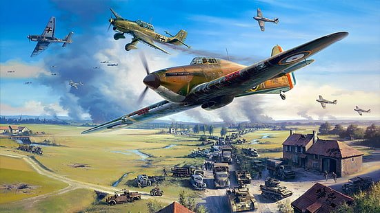 Hawker Hurricane, Nicolas Trudgian, British single-seat fighter, Junkers Ju 87, Dunkerque, HD wallpaper HD wallpaper