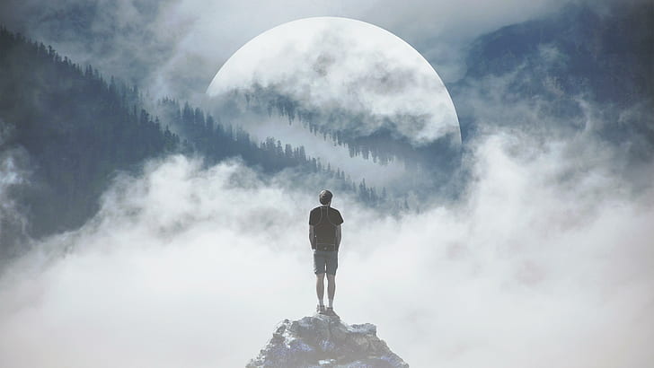 bulan, bulan purnama, supermoon, hutan, berkabut, kabut, lembah, Wallpaper HD