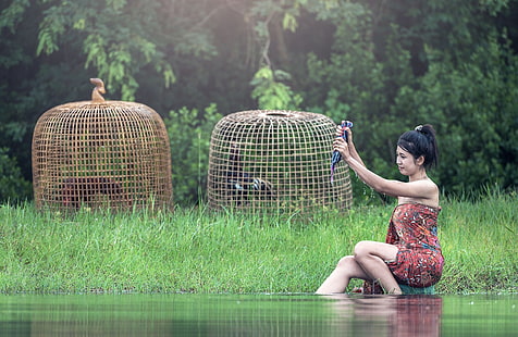 Asian, portrait, women, Thailand, women outdoors, sitting, wet body, water, brunette, HD wallpaper HD wallpaper