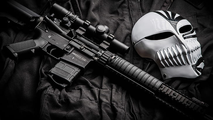 оружие, тьма, черно-белое, маска, пистолет, HD обои