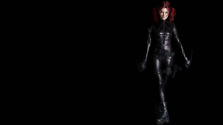 redhead, twintails, standing, women, Susan Coffey, black background, cosplay, HD wallpaper