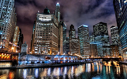 Чикаго Нощни светлини, Суа, САЩ град, сгради, Америка, HD тапет HD wallpaper