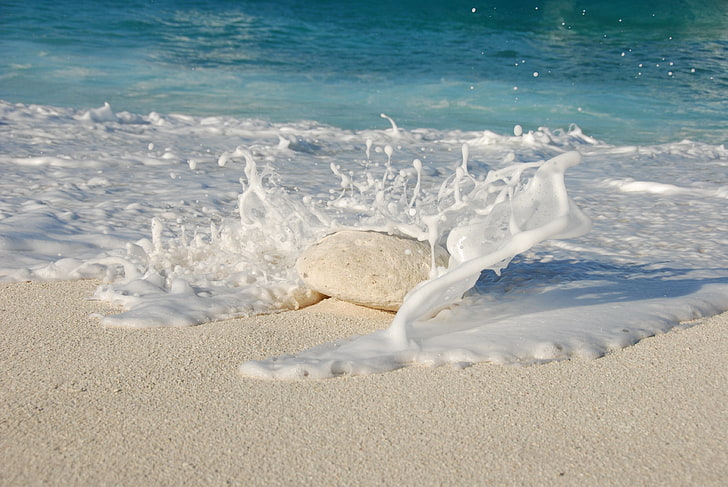 white sand, sea, ocean, sand, stone, splash, HD wallpaper