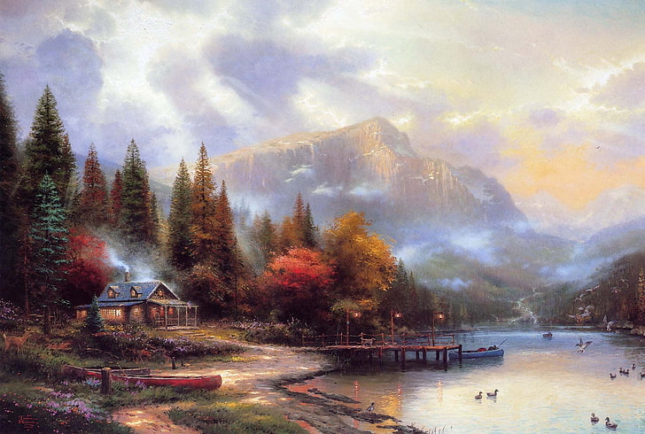 ev ve ağaç boyama, sonbahar, dağlar, ev, nehir, resim, Thomas Kinkade, HD masaüstü duvar kağıdı
