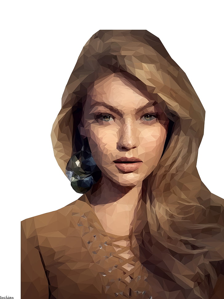 ilustrasi wanita berambut cokelat, poli rendah, Gigi Hadid, Wallpaper HD, wallpaper seluler