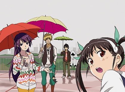 Monogatari-Reihe, Senjougahara Hitagi, Araragi Koyomi, Hachikuji Mayoi, Oshino Meme, Kanbaru Suruga, HD-Hintergrundbild HD wallpaper