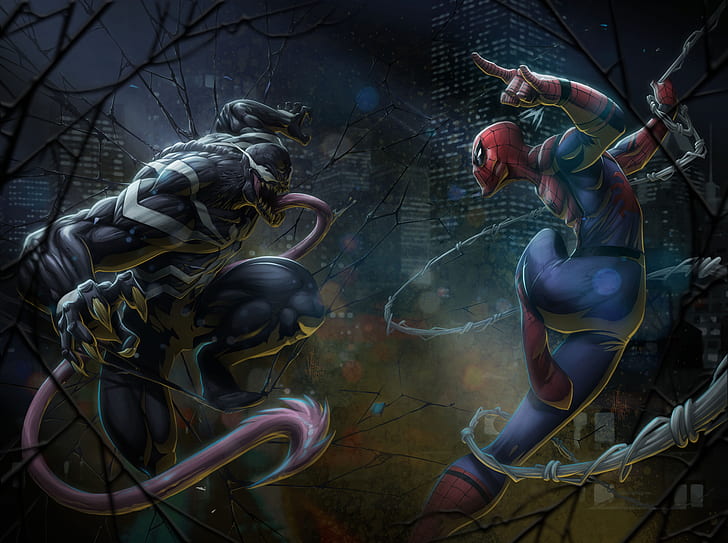 Marvel Comics Spider-Man vs Venom Kunstwerk, Künstlerisch, Fantasie, Comics, Kunstwerk, Superheld, Marvel, Spiderman, Venom, Superschurke, HD-Hintergrundbild