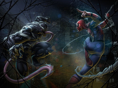 Marvel Comics Spider-Man vs Venom-konstverk, Konstnärlig, Fantasi, Serier, Konstverk, Superhjälte, Marvel, Spiderman, Venom, superskurk, HD tapet HD wallpaper