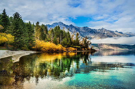 body of water near forest and mountain, Magic, New Zealand, body of water, mountain, Queenstown, com, Daily, Photo, Horizontal, Colour, Color, Day, Outdoor, Outdoors, Outside, South Island, Otago, lake wakatipu, Water, Reflection, Forest, Autumn  Fall, Beach, Wilson, Bay, Mirror, NZ, Tourism, Sky  Blue, White  Cloud, Sand  Rock, Tree  Yellow, Brown  Lake, Autumn Colours, Trees, RR, Orange, Middle Earth, Beautiful, Sony  ILCE-7R, nature, lake, landscape, scenics, tree, autumn, beauty In Nature, sky, travel, blue, HD wallpaper HD wallpaper