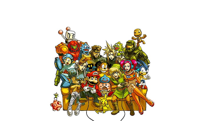 game characters illustration, Super Mario, The Legend of Zelda, Mega Man, video game characters, Sonic the Hedgehog, Solid Snake, Master Chief, Cloud Strife, bomberman, Little Big Planet, Vivi, Sonic, Samus Aran, Street Fighter, Duck Hunt, Metal Gear, Ulala, Space Channel 5, Puyo Puyo, bubble bobble, Metal Gear Solid, Metal Gear Solid 2, Final Fantasy, Final Fantasy VII, Halo, HD wallpaper