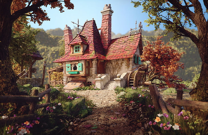 illustrazione beige e rossa della casa, arte digitale, giardino, azienda agricola, casa, alberi, fiori, 3D, Sfondo HD