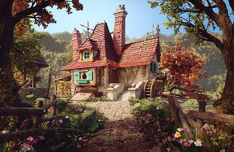 illustration de maison beige et rouge, art numérique, jardin, ferme, maison, arbres, fleurs, 3D, Fond d'écran HD HD wallpaper