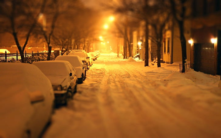 snow, winter, street, photography, lights, house, night, urban, HD wallpaper