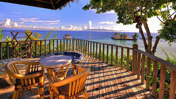 Samudra Pasifik, pantai, balkon, pohon, Wallpaper HD