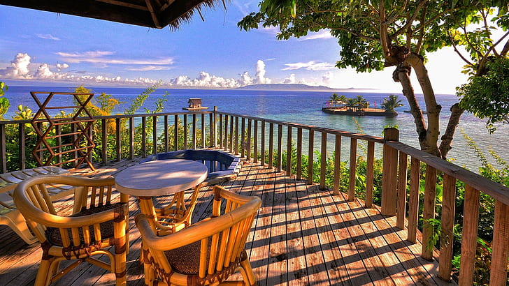 pohon, pantai, Samudra Pasifik, balkon, Wallpaper HD