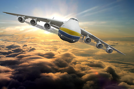 Ilustración de avión comercial blanco, amarillo y azul, cielo, avión, Mriya, el an-225, an-225, Fondo de pantalla HD HD wallpaper