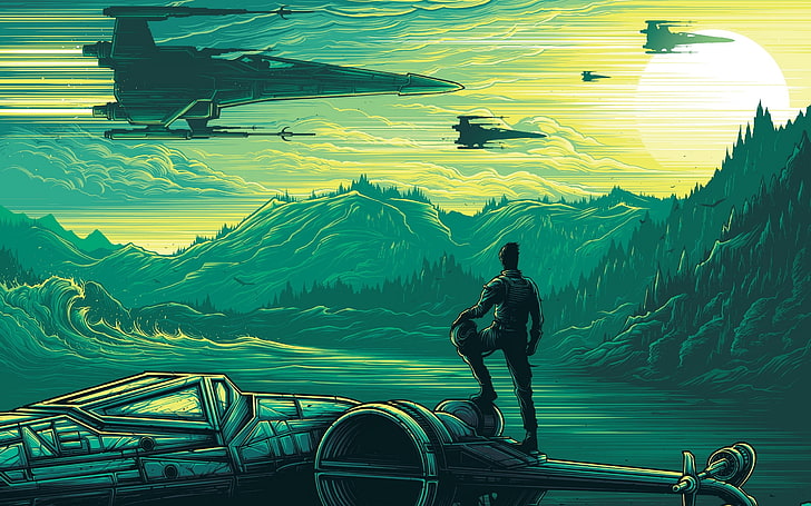 رجل يقف أمام جسم من الرسم المائي ، حرب النجوم ، حرب النجوم: The Force Awakens ، عمل فني ، X-wing ، Dan Mumford ، خيال علمي، خلفية HD