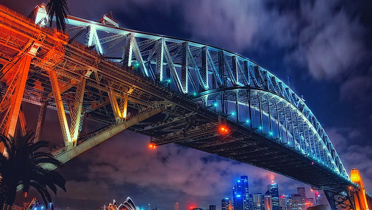 Сидней, Австралия, мост, Сидней Харбор Бридж, мост, огни, Австралия, театр, Сидней, дома, ночь, HD обои