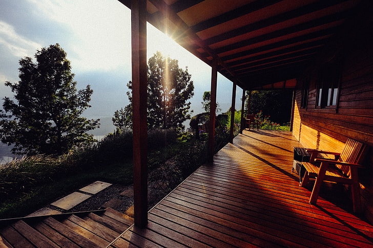piso de madera marrón, terraza, banco, sol, comodidad, Fondo de pantalla HD