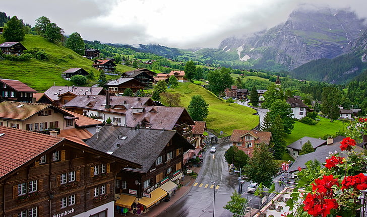 Създадено от човека, село, къща, пейзаж, планина, Швейцария, HD тапет